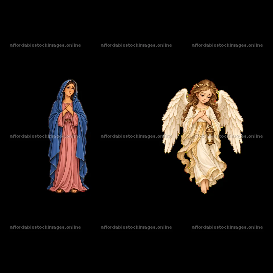 Mary and an angel with a lantern in a cartoon sticker design – stock images 7746x7746