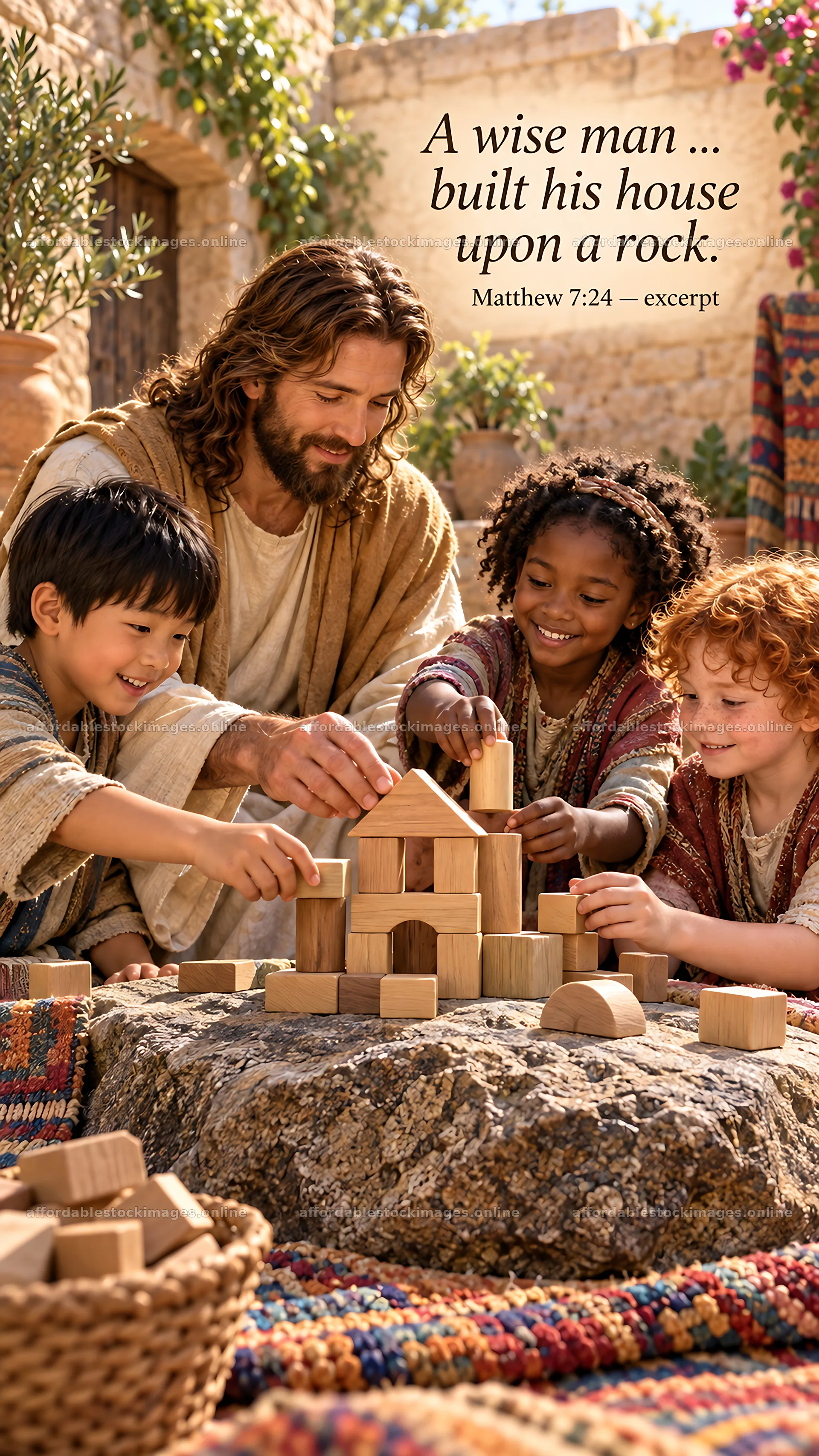 Jesus Christ teaches children while building with blocks – stock images 5811x10326