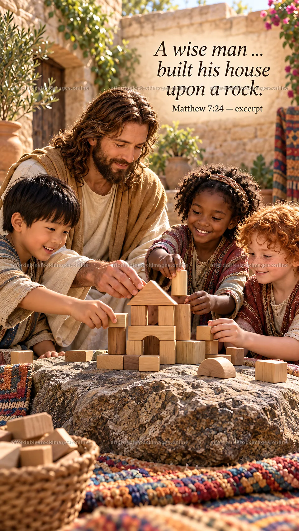 Jesus Christ teaches children while building with blocks – stock images 5811x10326