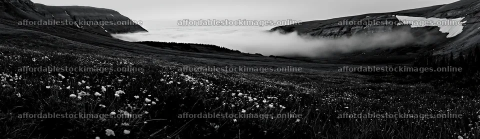 Colorful buttercup meadow in mountain landscape with fog – stock images 14762x4268