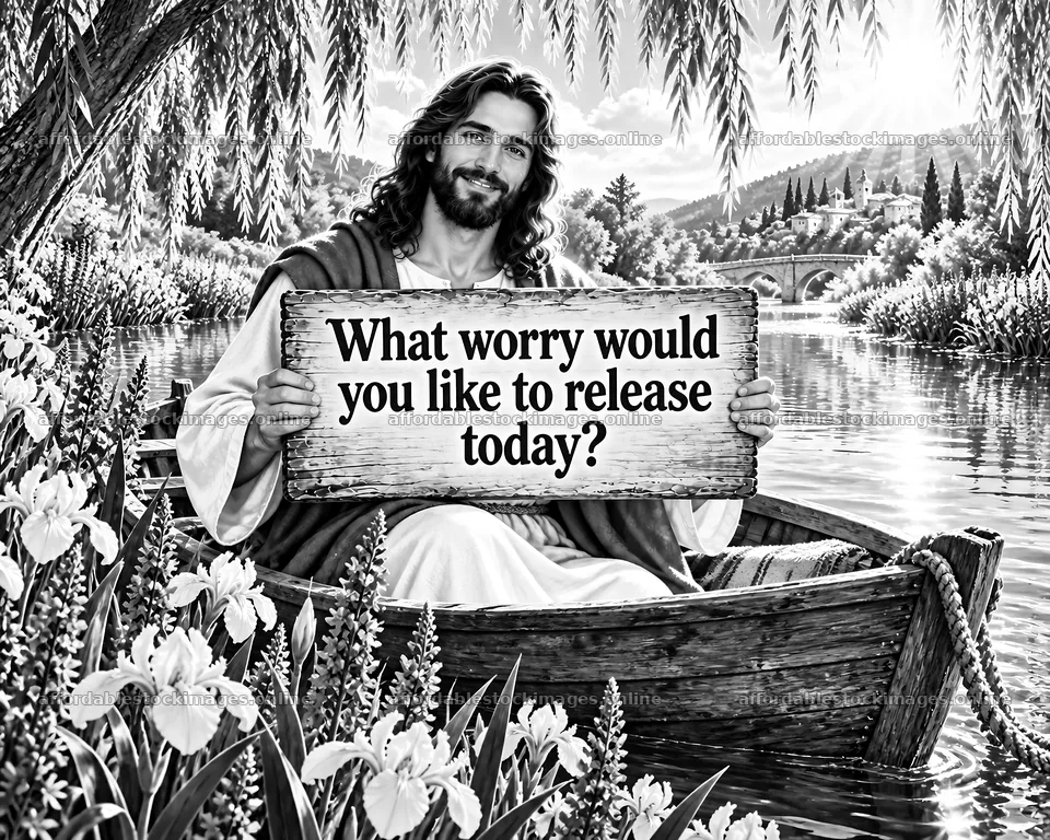 Jesus Christ inviting reflection by the river – stock images 8659x6930