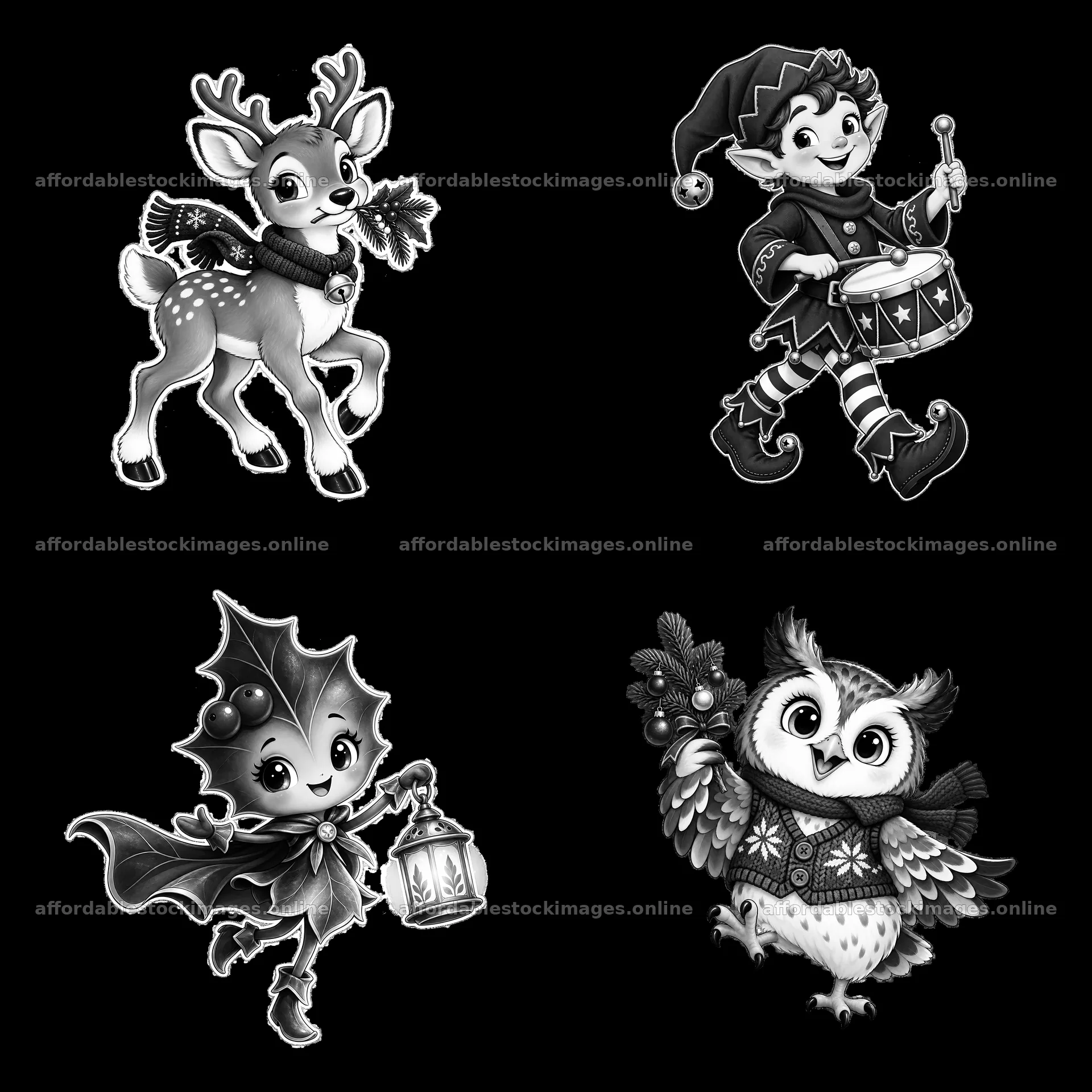 Monochrome four cartoon figure stickers in a square arrangement – stock images 7746x7746
