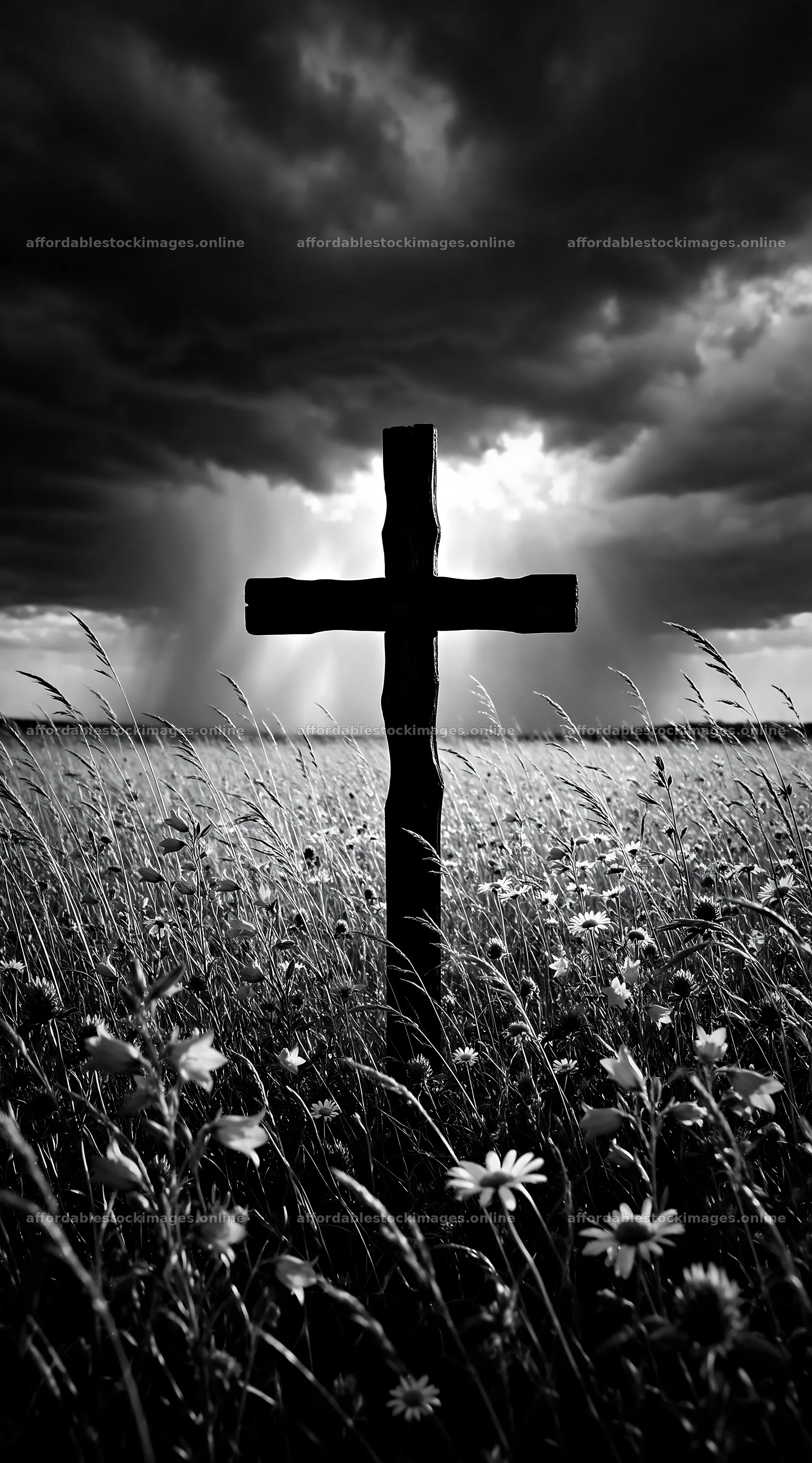 Dark Christian cross in summer meadow under cloudy sky – stock images 5916x10648