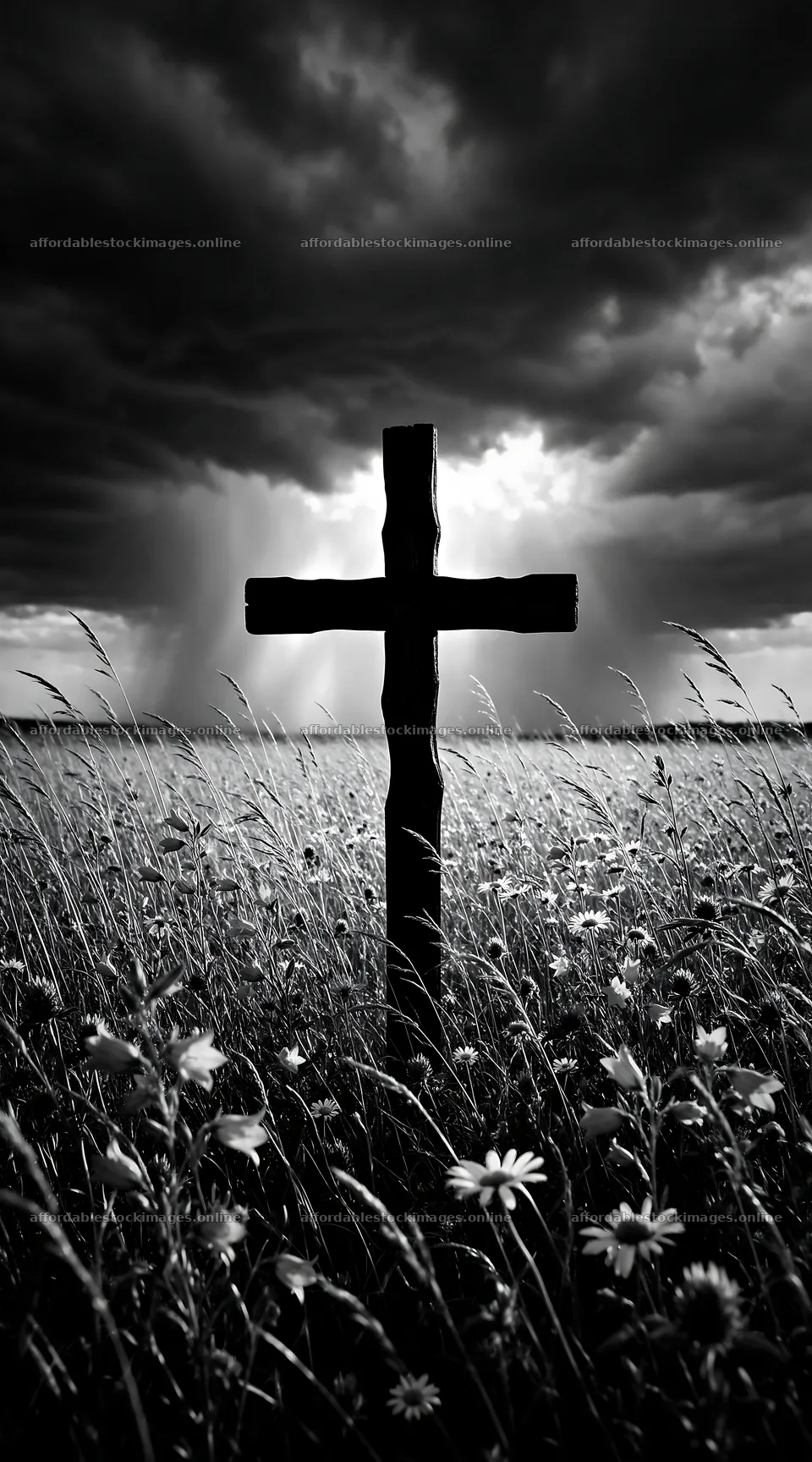 Dark Christian cross in summer meadow under cloudy sky – stock images 5916x10648