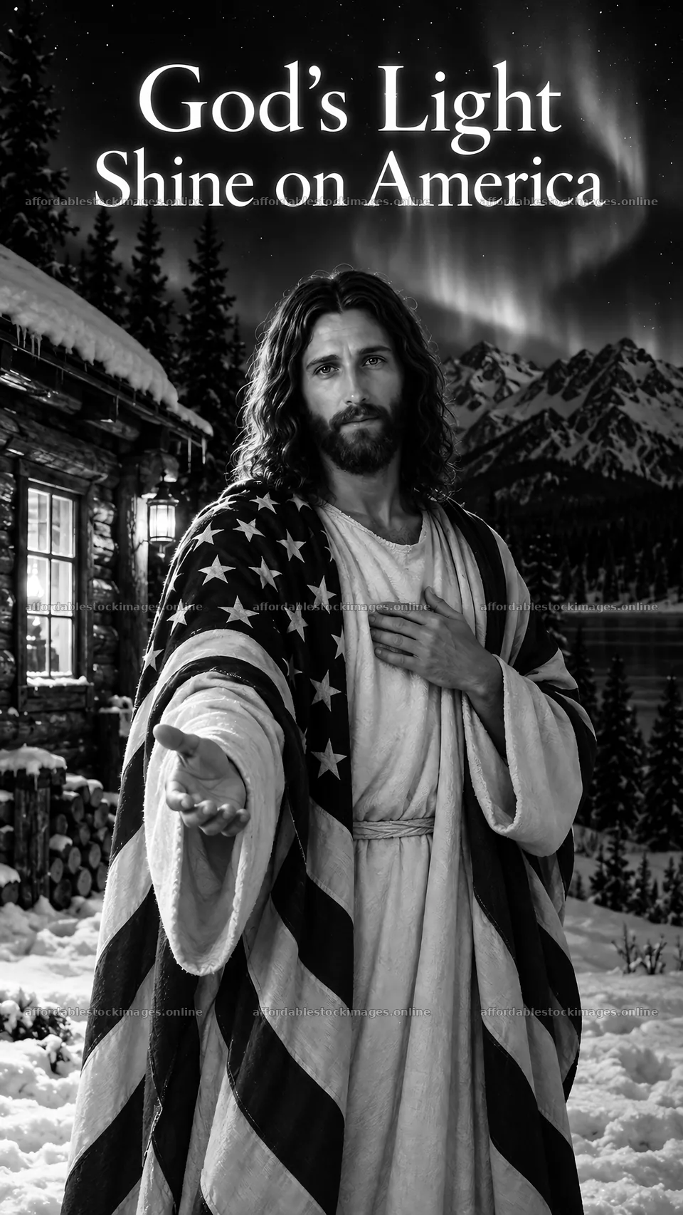 Jesus Christ offering comfort with the American flag – stock images 5811x10326