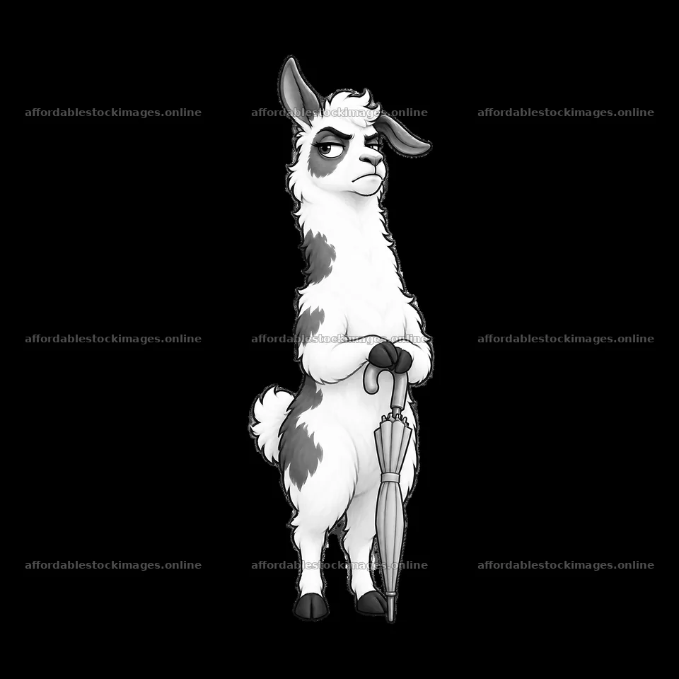 Grumpy llama holding an umbrella with a displeased expression – stock images 7746x7746