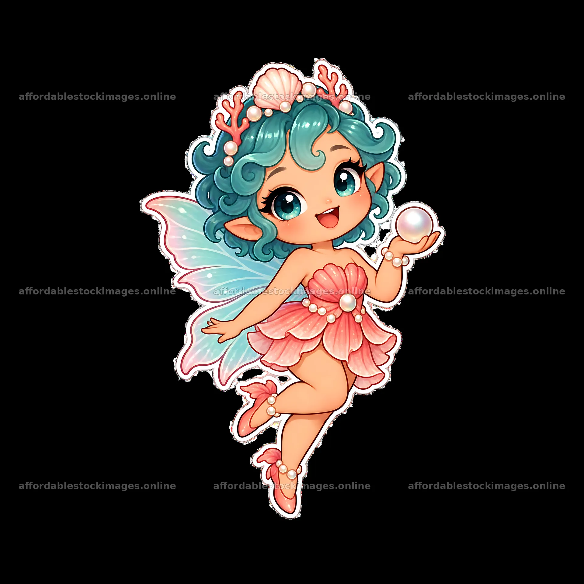 Kawaii chubby fairy holding a pearl with coral elements – stock images 7746x7746