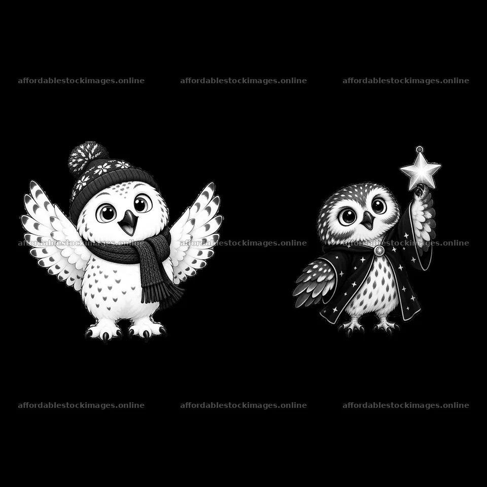 Festive owls wearing hats and holding stars in black and white – stock images 7746x7746