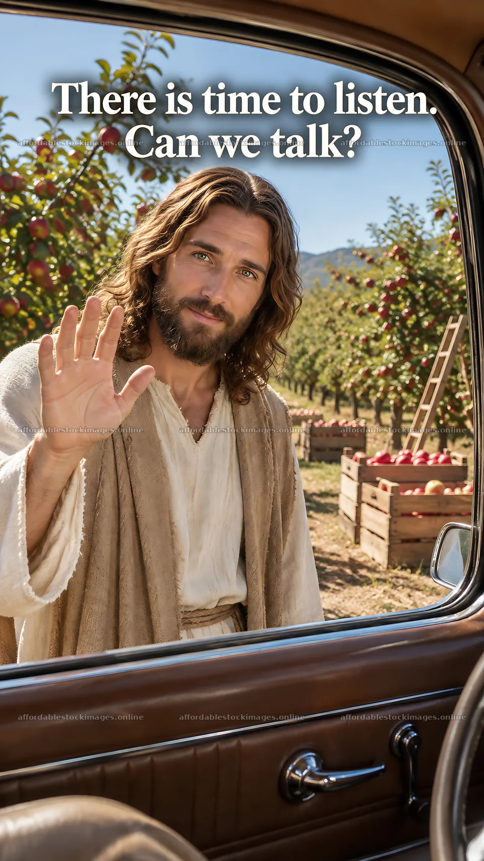 Jesus Christ invites discussion in an apple orchard – stock images 5811x10326