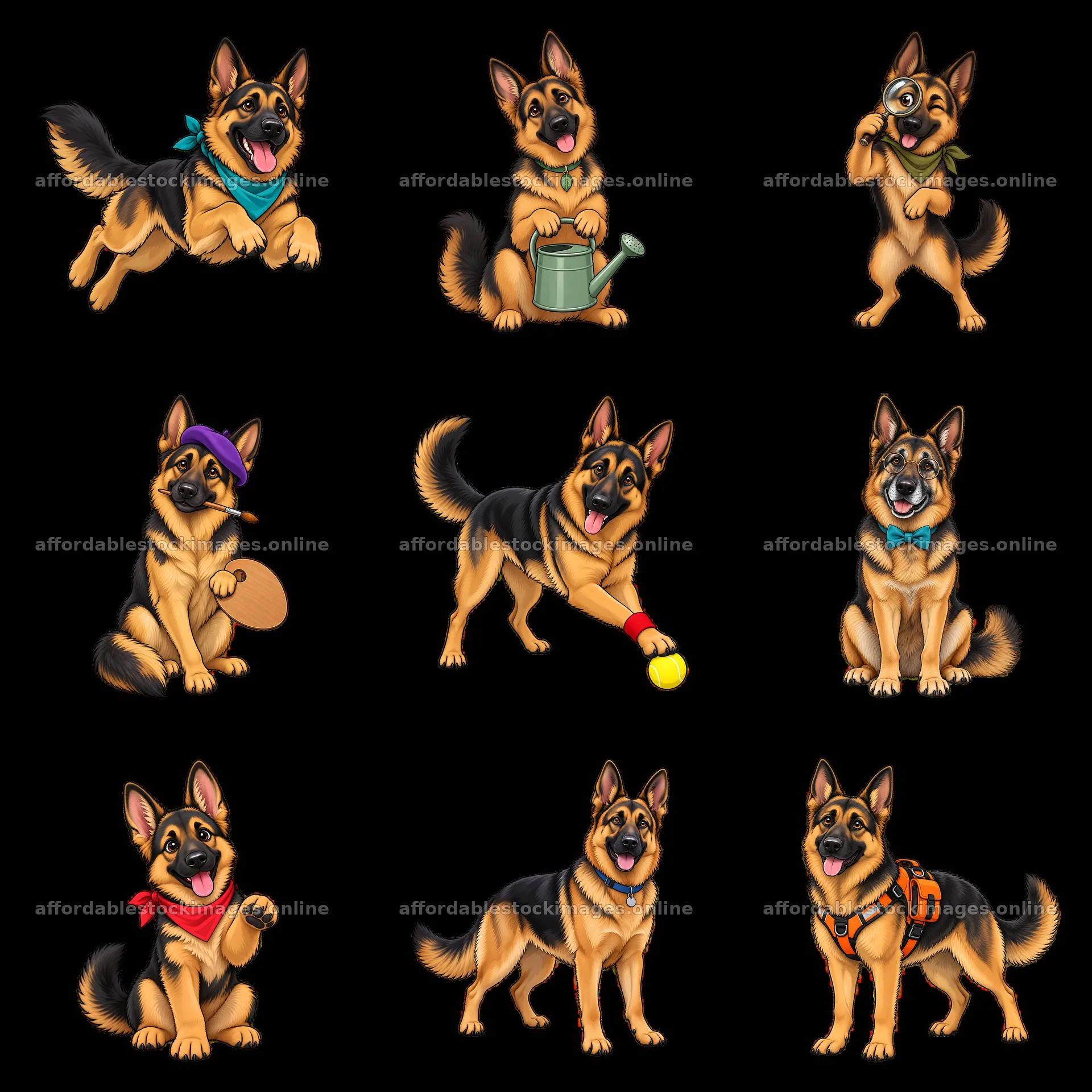 Various playful German Shepherd dogs in different fun poses – stock images 7746x7746