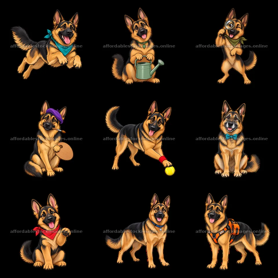 Various playful German Shepherd dogs in different fun poses – stock images 7746x7746