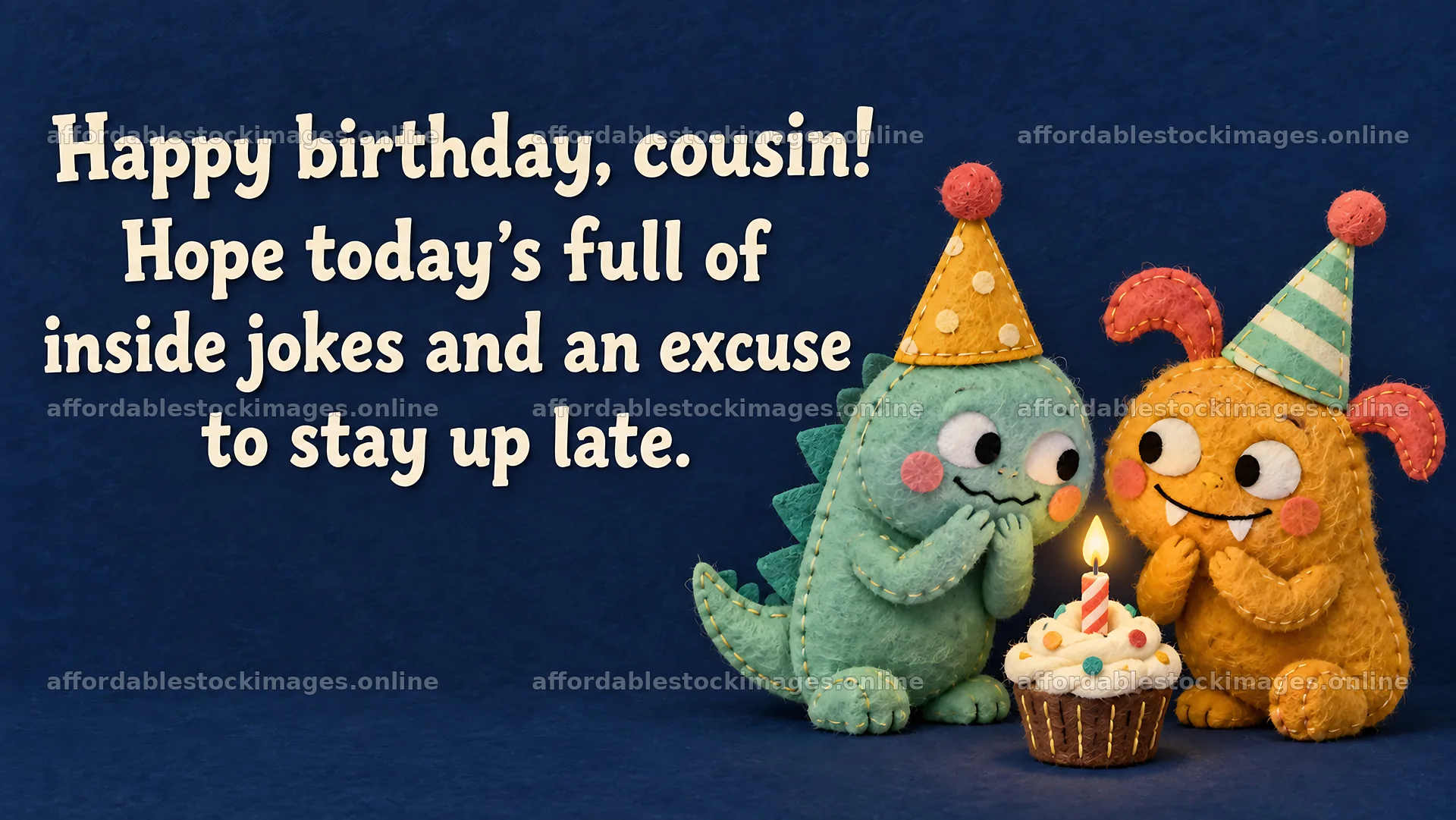 Cousin Birthday Greeting with Plush Dinosaurs – stock images 10324x5812