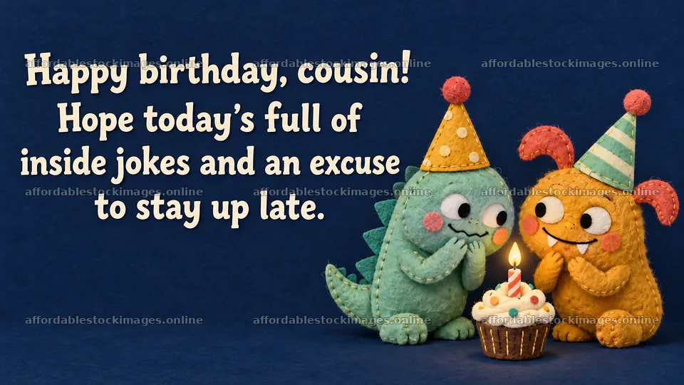 Cousin Birthday Greeting with Plush Dinosaurs – stock images 10324x5812