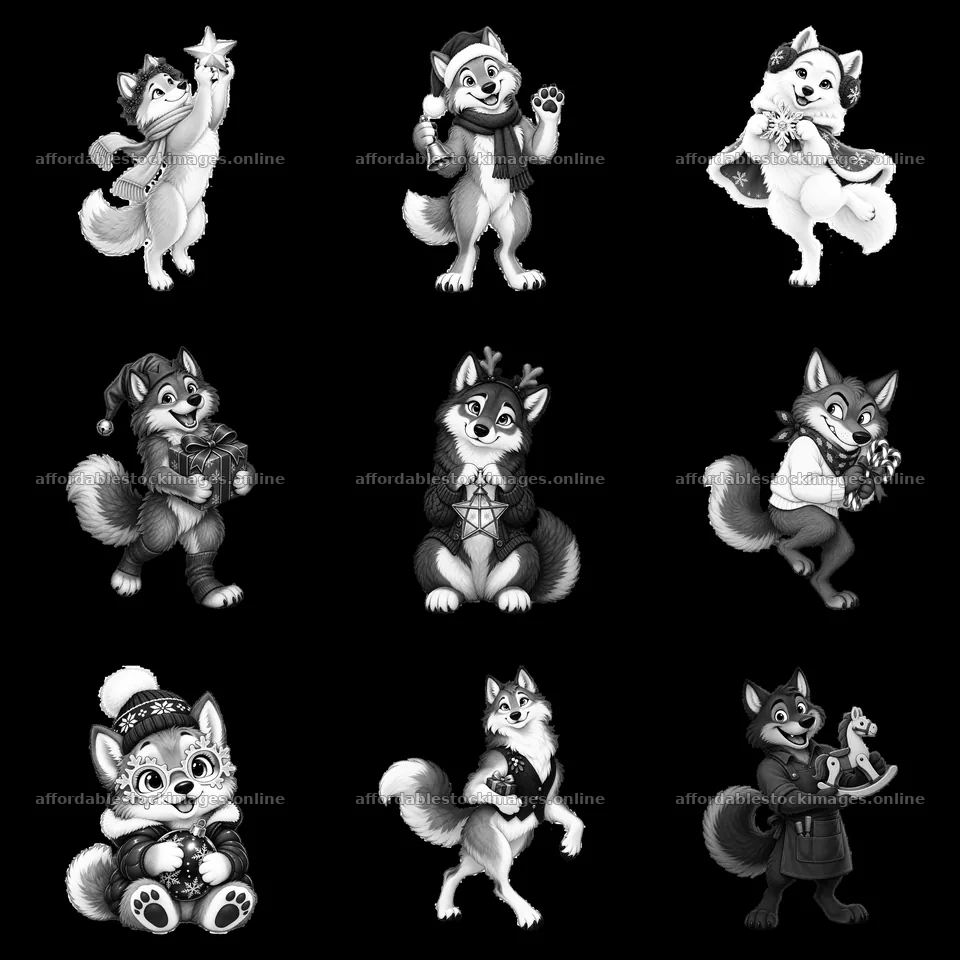 Christmas wolf characters in playful poses with festive props – stock images 7746x7746