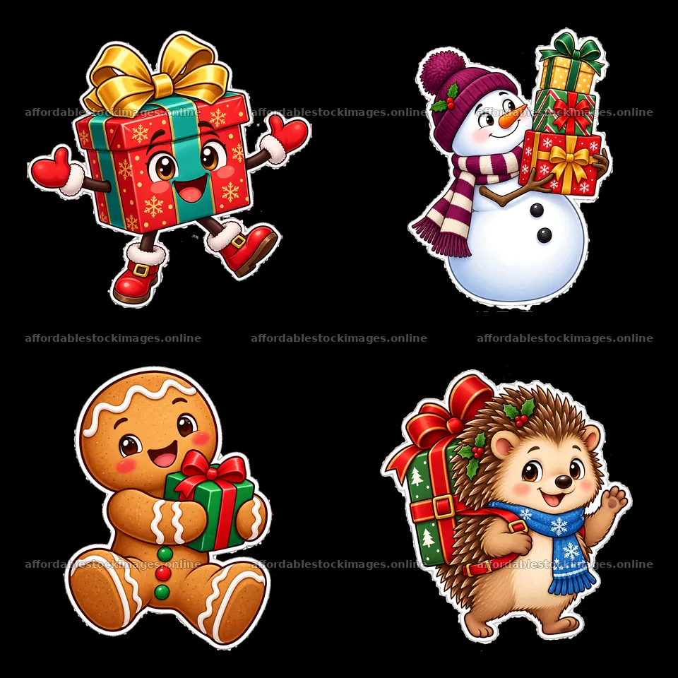 Cartoon characters with Christmas presents in a grid layout – stock images 7746x7746