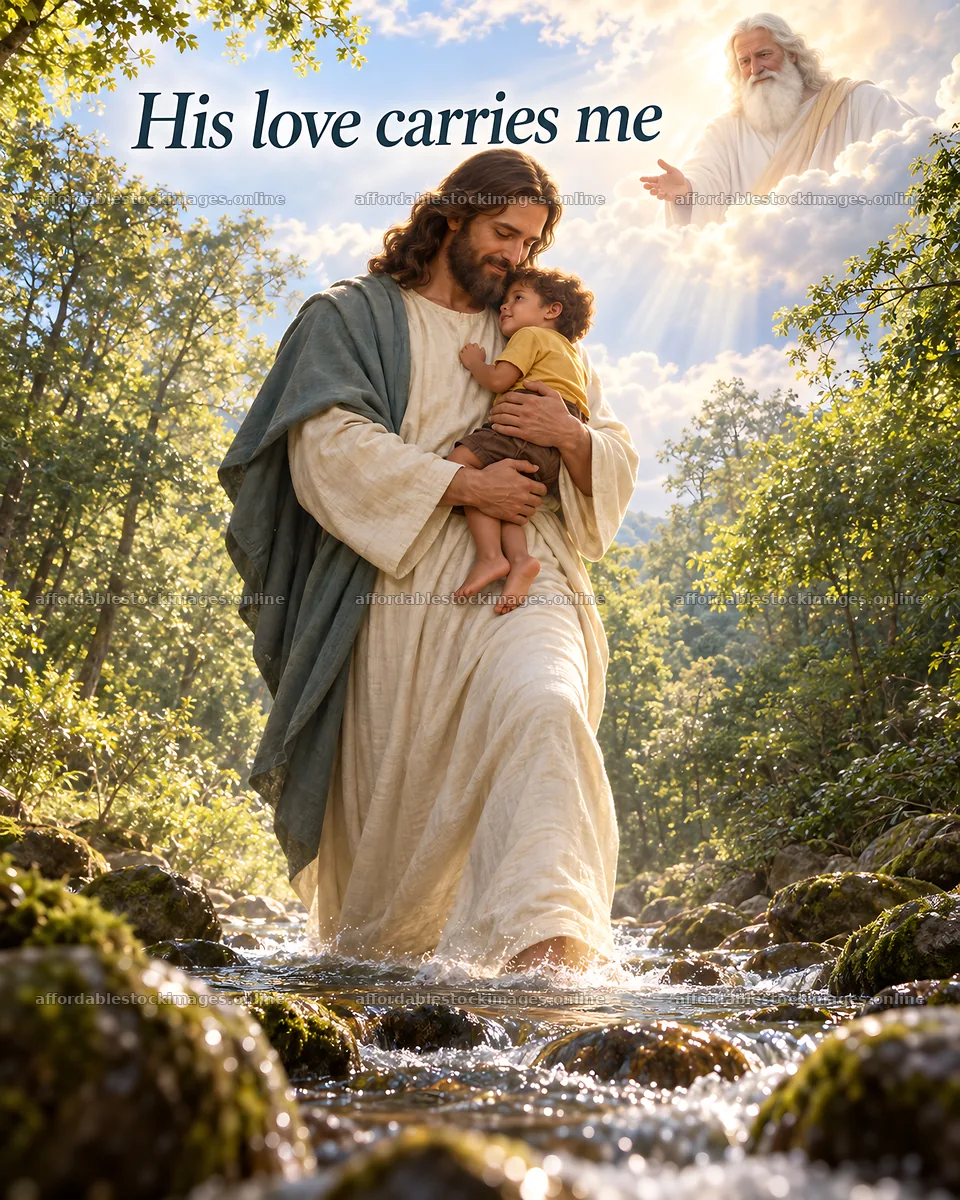 Jesus Christ walking through the water with a child – stock images 6930x8659