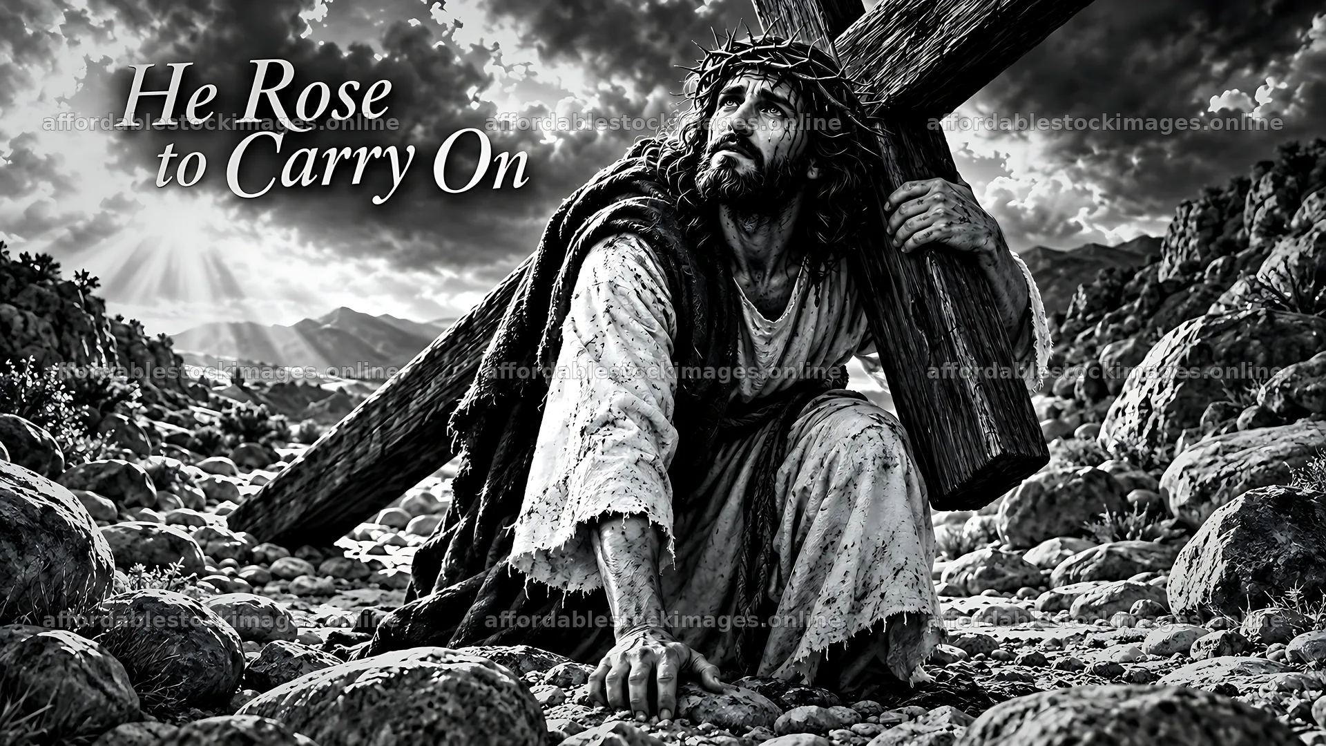 He rose to carry on with heavy cross in rocky terrain – stock images 10580x5954