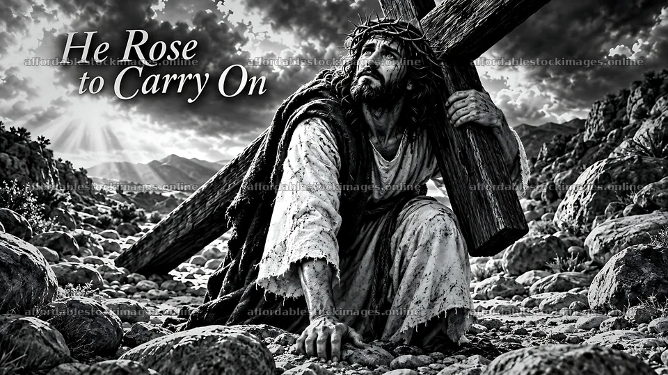 He rose to carry on with heavy cross in rocky terrain – stock images 10580x5954