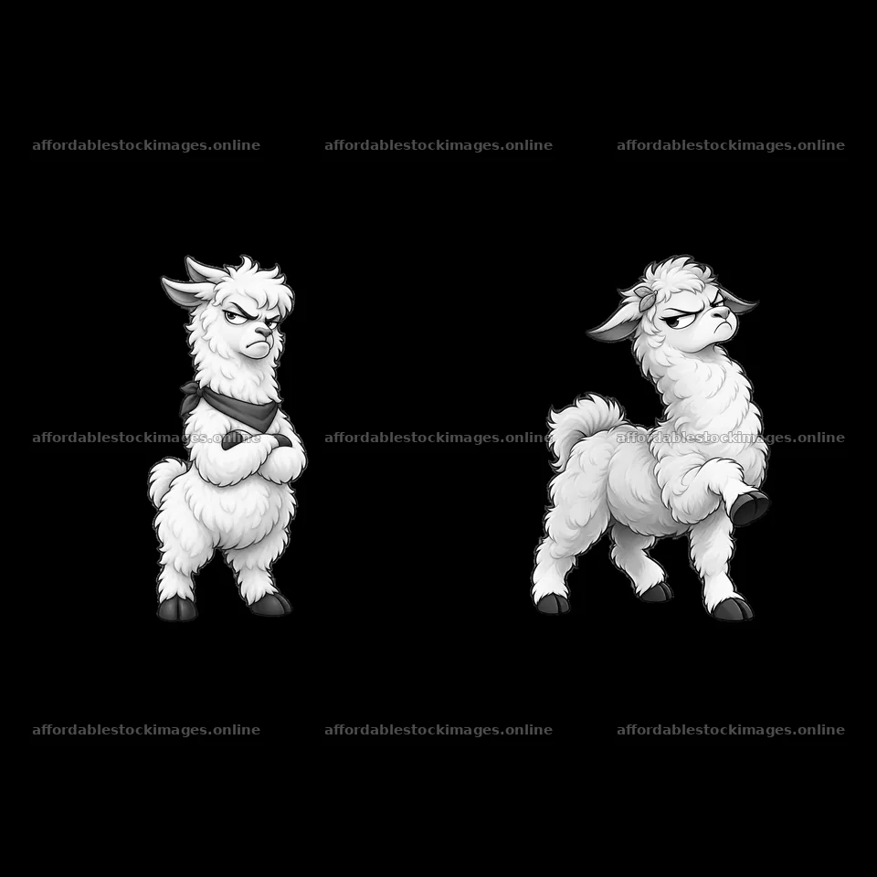 Grumpy llama cartoon stickers in a pair arrangement – stock images 7746x7746