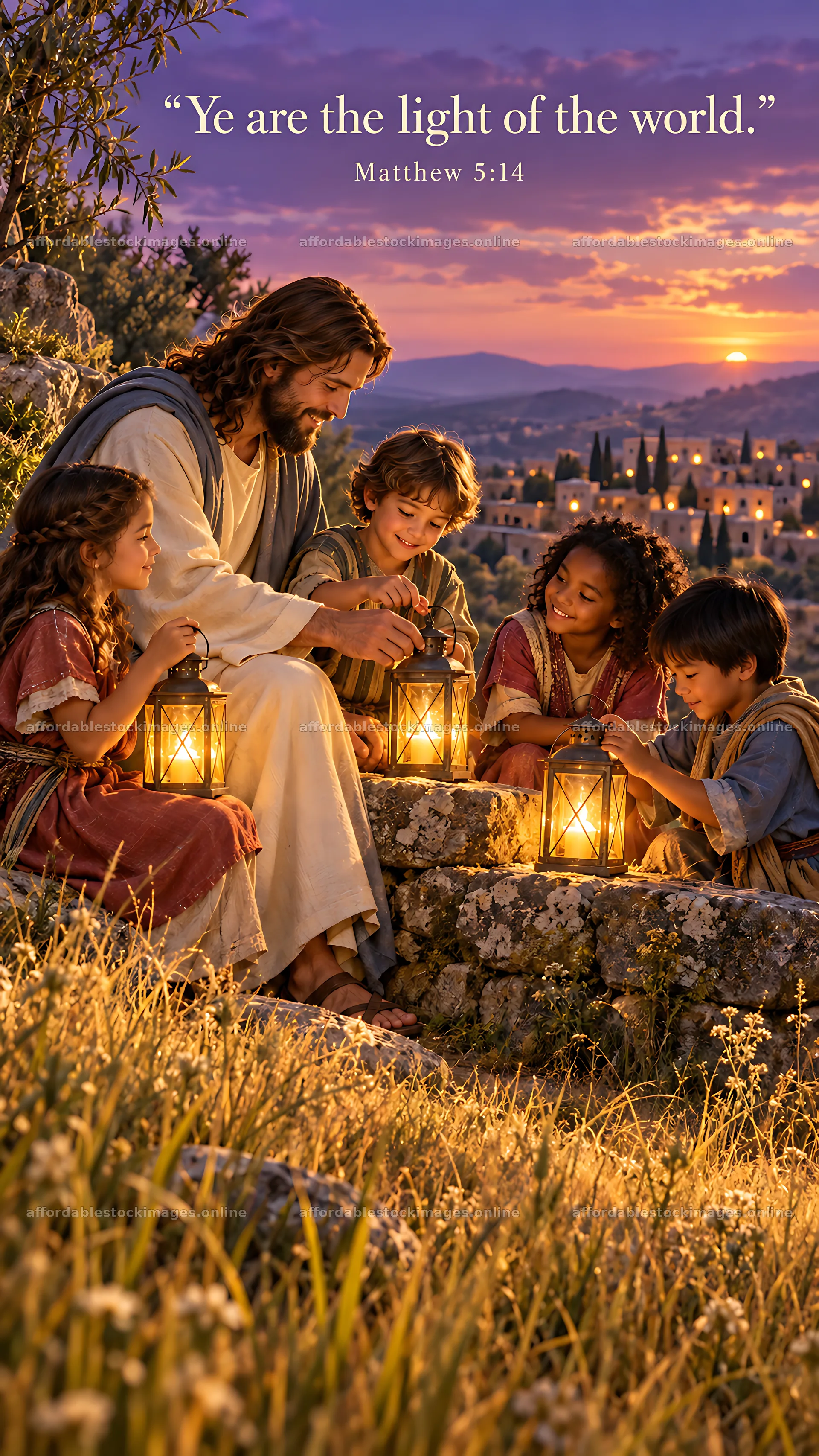 Jesus Christ sharing lanterns with children at dusk – stock images 5954x10580