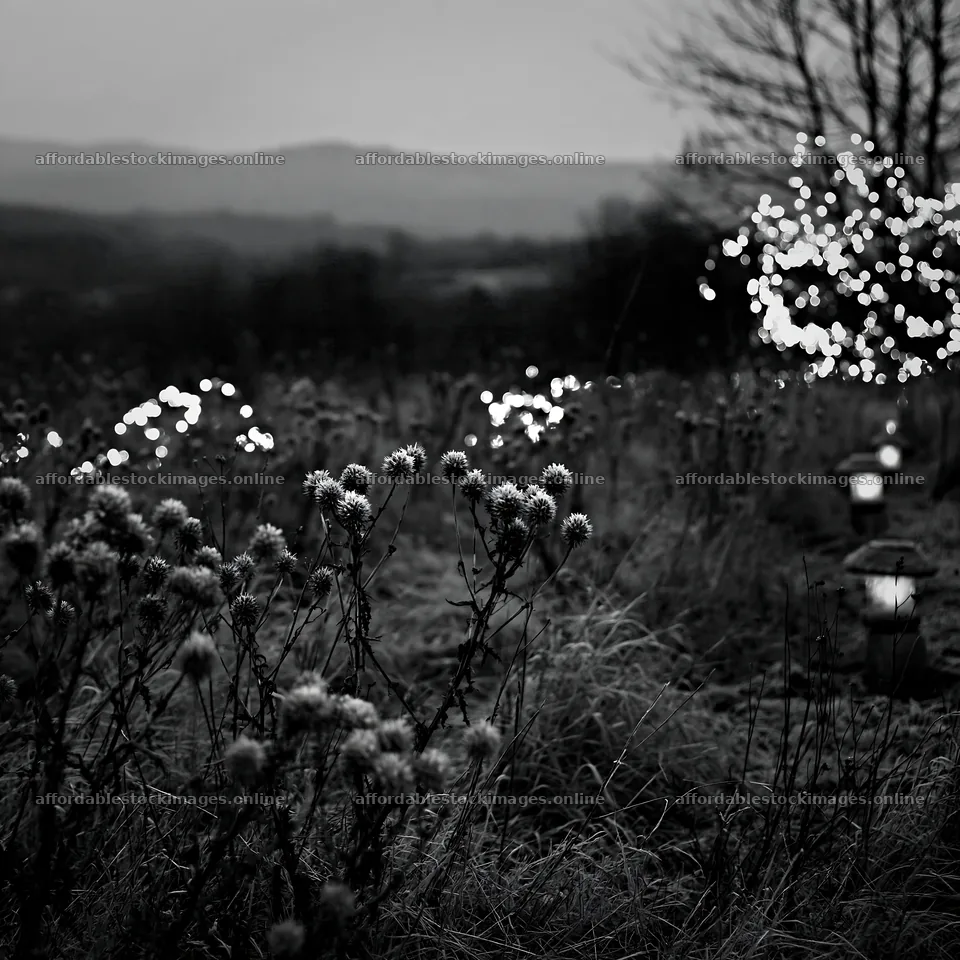 Frost-covered seedheads and lanterns in a winter meadow – stock images 7938x7938