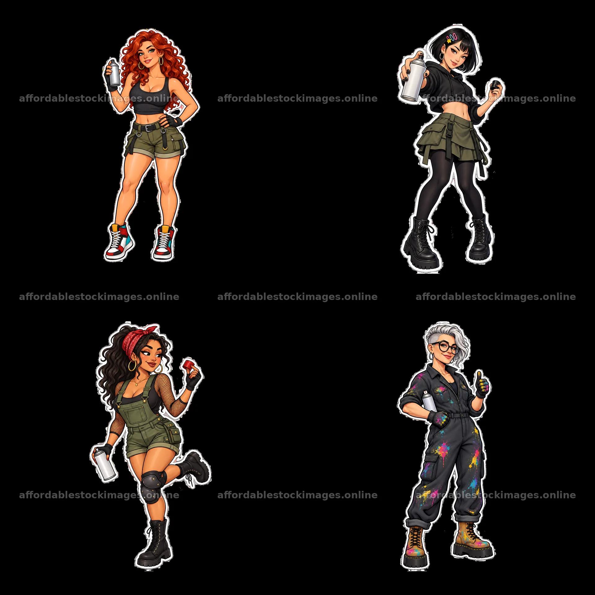 Sexy female graffiti sprayers holding spray cans in urban styles – stock images 7746x7746