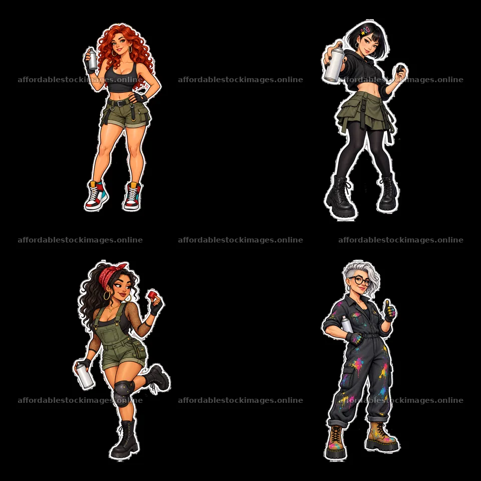 Sexy female graffiti sprayers holding spray cans in urban styles – stock images 7746x7746