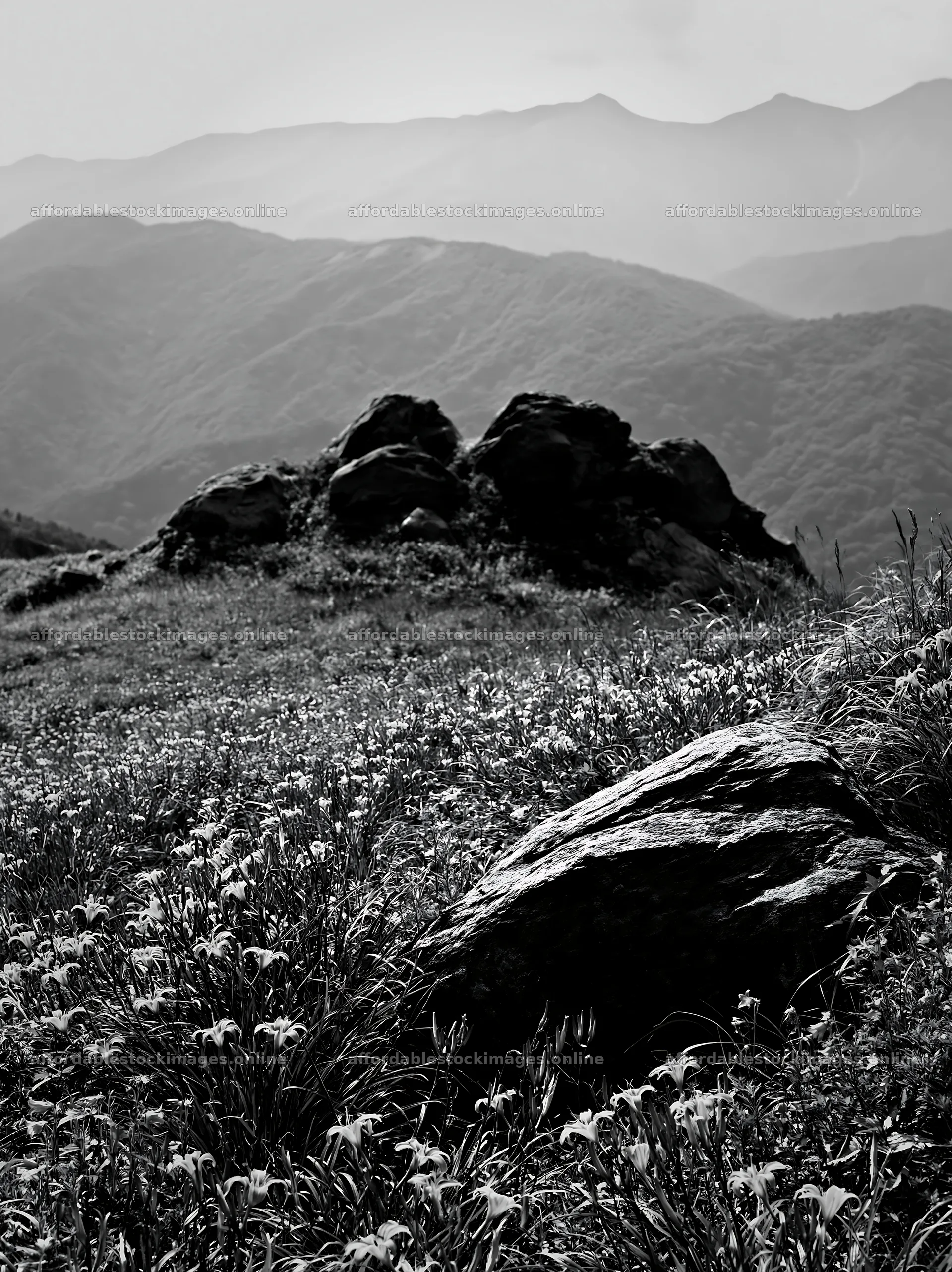 Meadow with boulders and blooming flowers in mountainous area – stock images 6866x9174