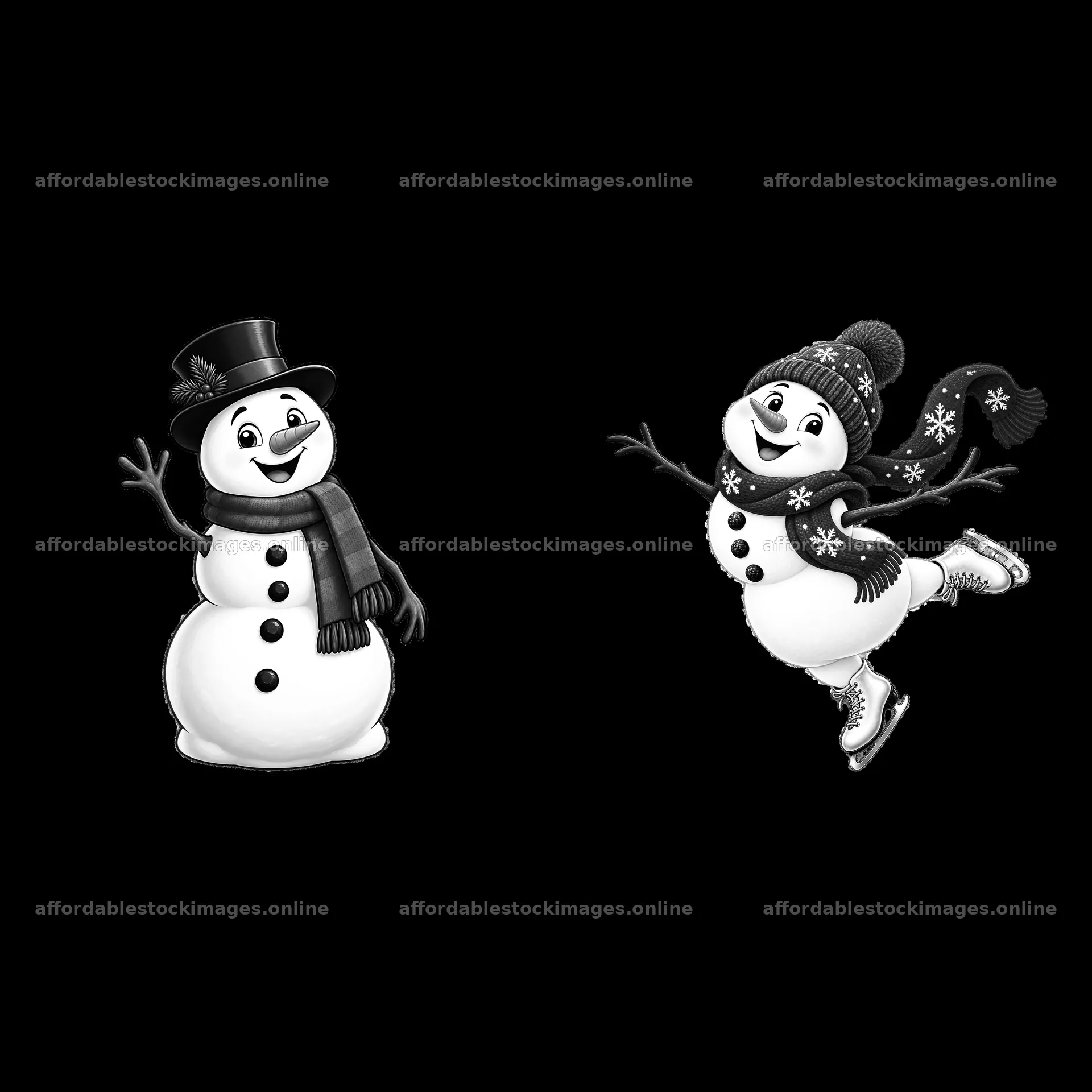 Snowman waving and snowman ice skating in black and white – stock images 7746x7746