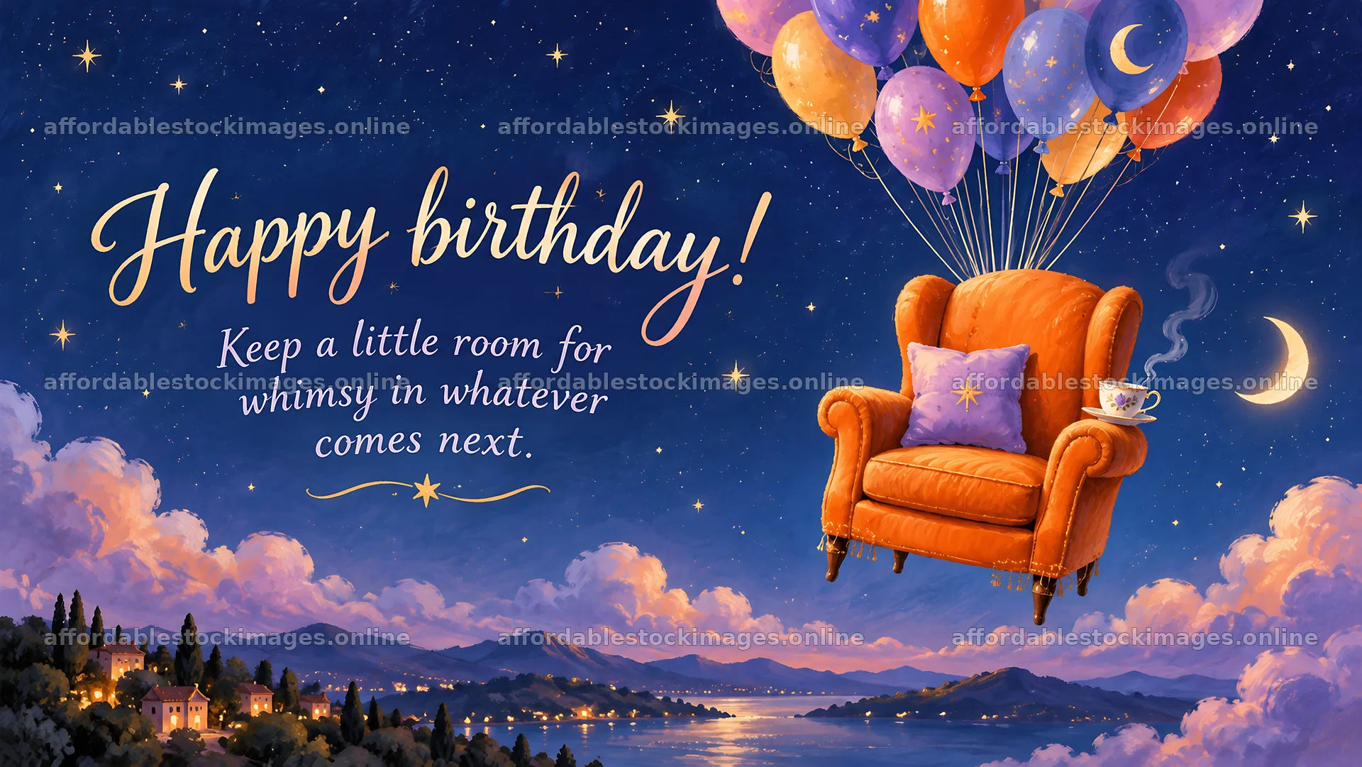 Whimsical Birthday Greeting with Armchair and Balloons – stock images 10324x5812