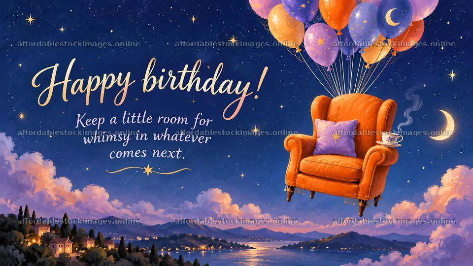 Whimsical Birthday Greeting with Armchair and Balloons – stock images 10324x5812