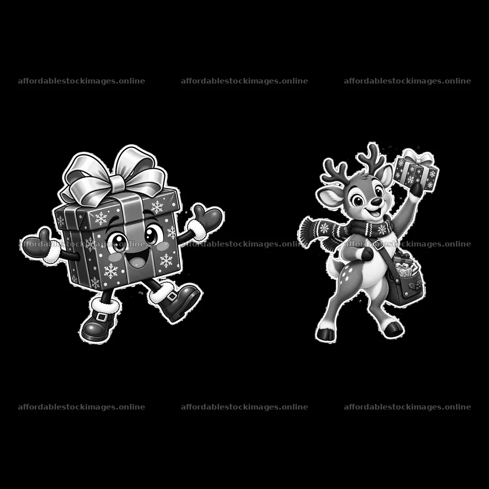 Cheerful cartoon gift box and reindeer holding presents together – stock images 7746x7746