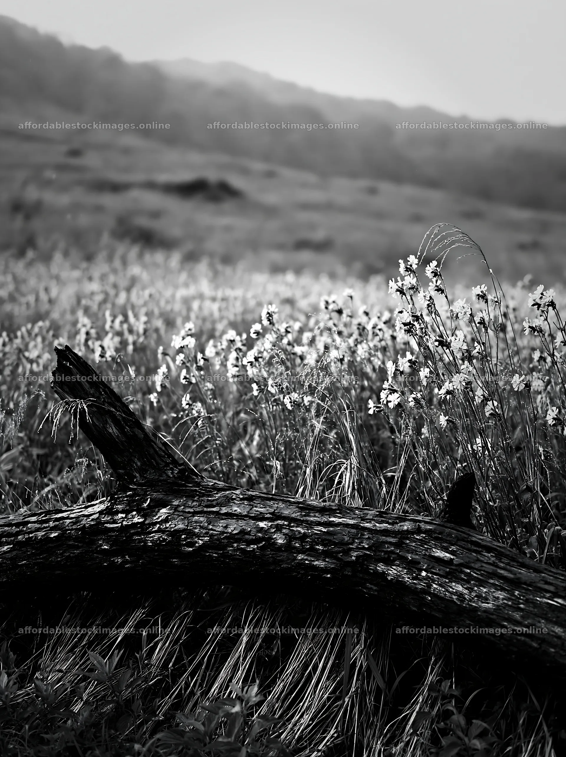 Yamagata rewilded meadow with fallen branch in foreground – stock images 6866x9174