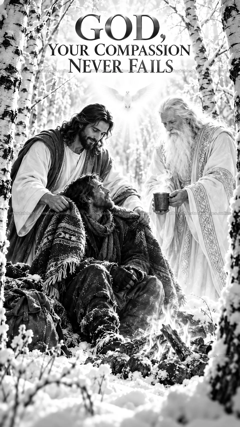 Jesus Christ comforting a suffering man in the snow – stock images 5811x10326