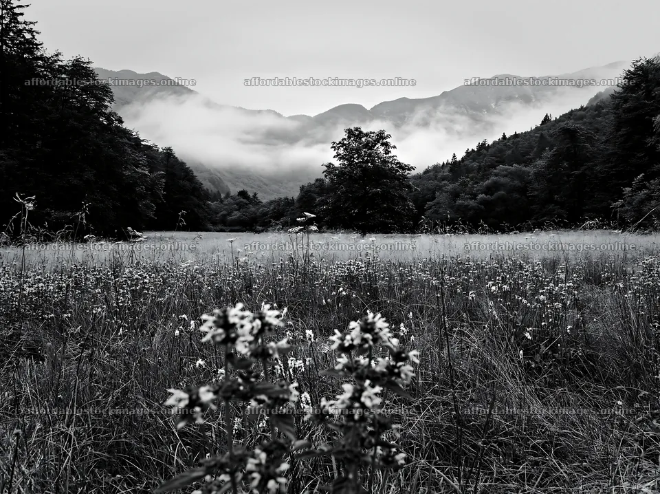 Biodiverse meadow with mountains and mist in the background – stock images 9174x6866