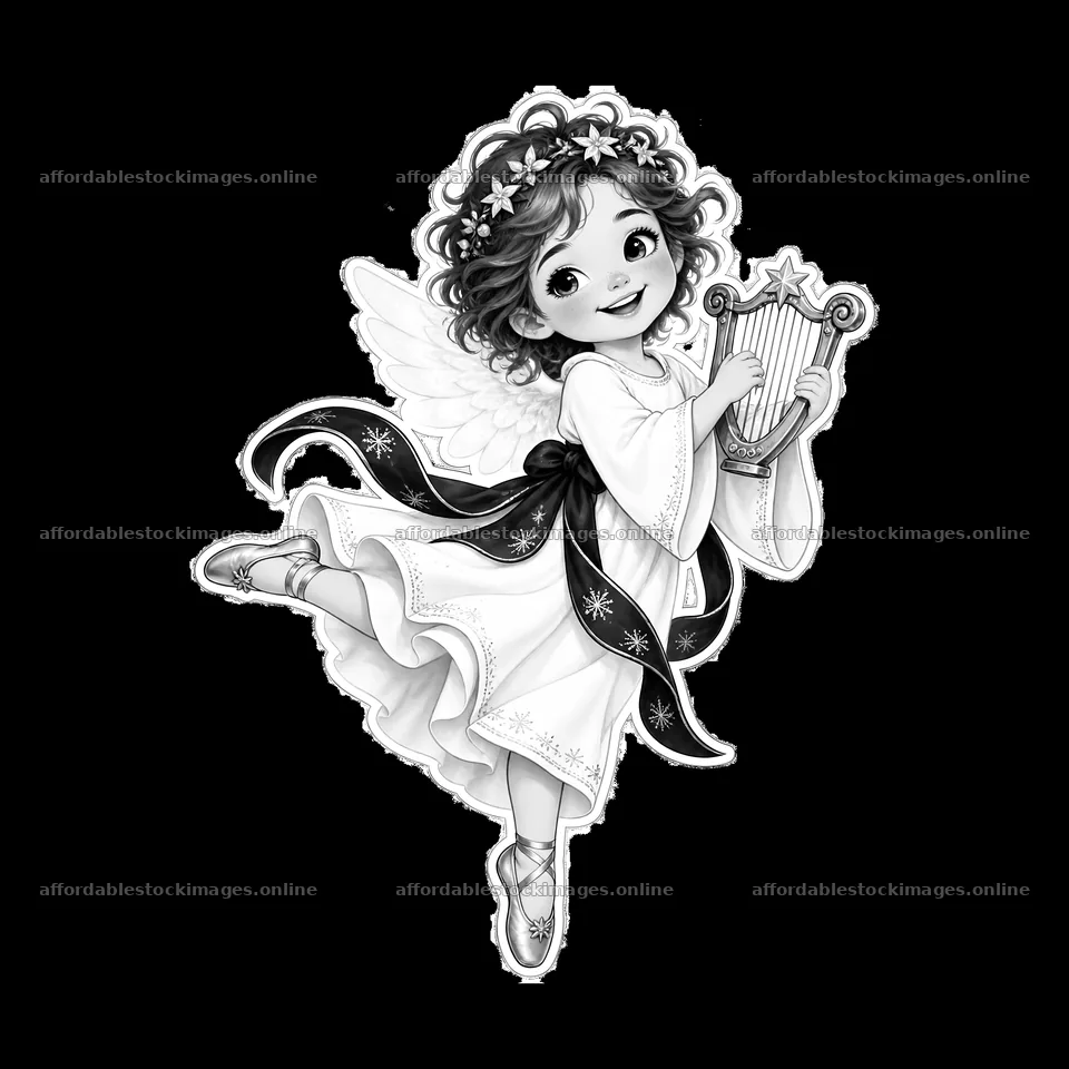 Christ Child playing harp with wings and smile during Christmas – stock images 7746x7746