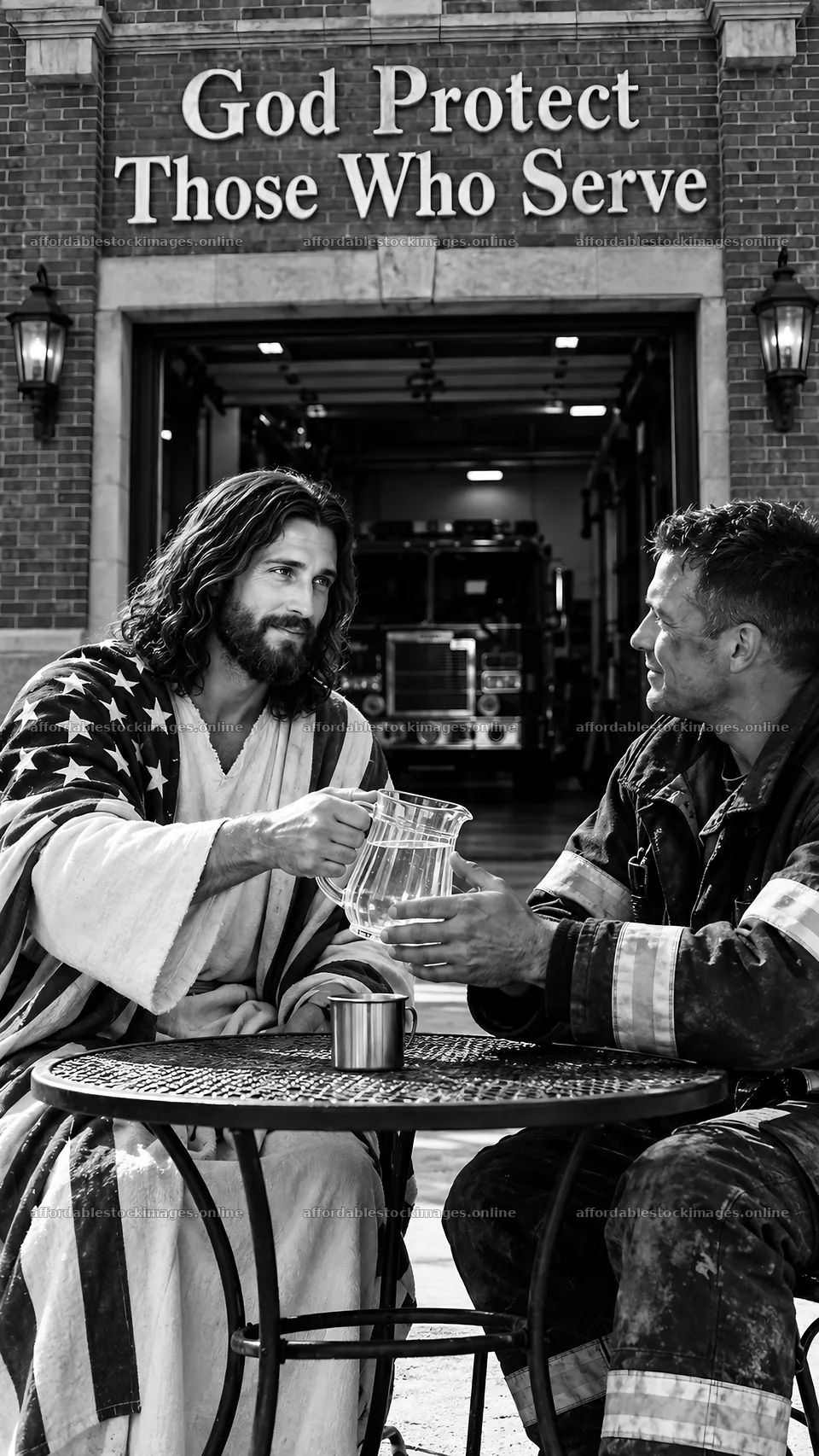 Jesus Christ sharing water with a firefighter – stock images 5811x10326