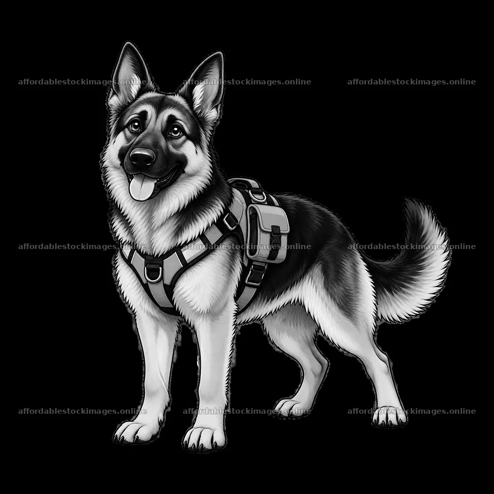 German Shepherd dog wearing a harness standing in a relaxed pose – stock images 7746x7746