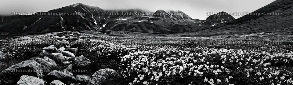 Toyama alpine meadow snowmelt rock foreground with flowers – stock images 14762x4268