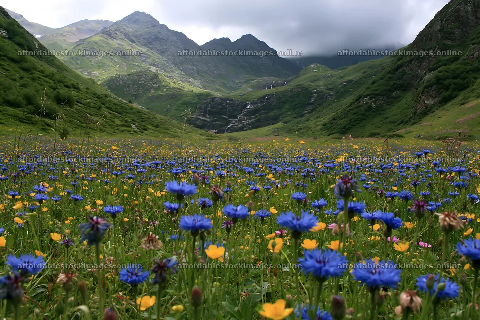 Meadow filled with flowers beneath a waterfall and mountains – stock images 9722x6480