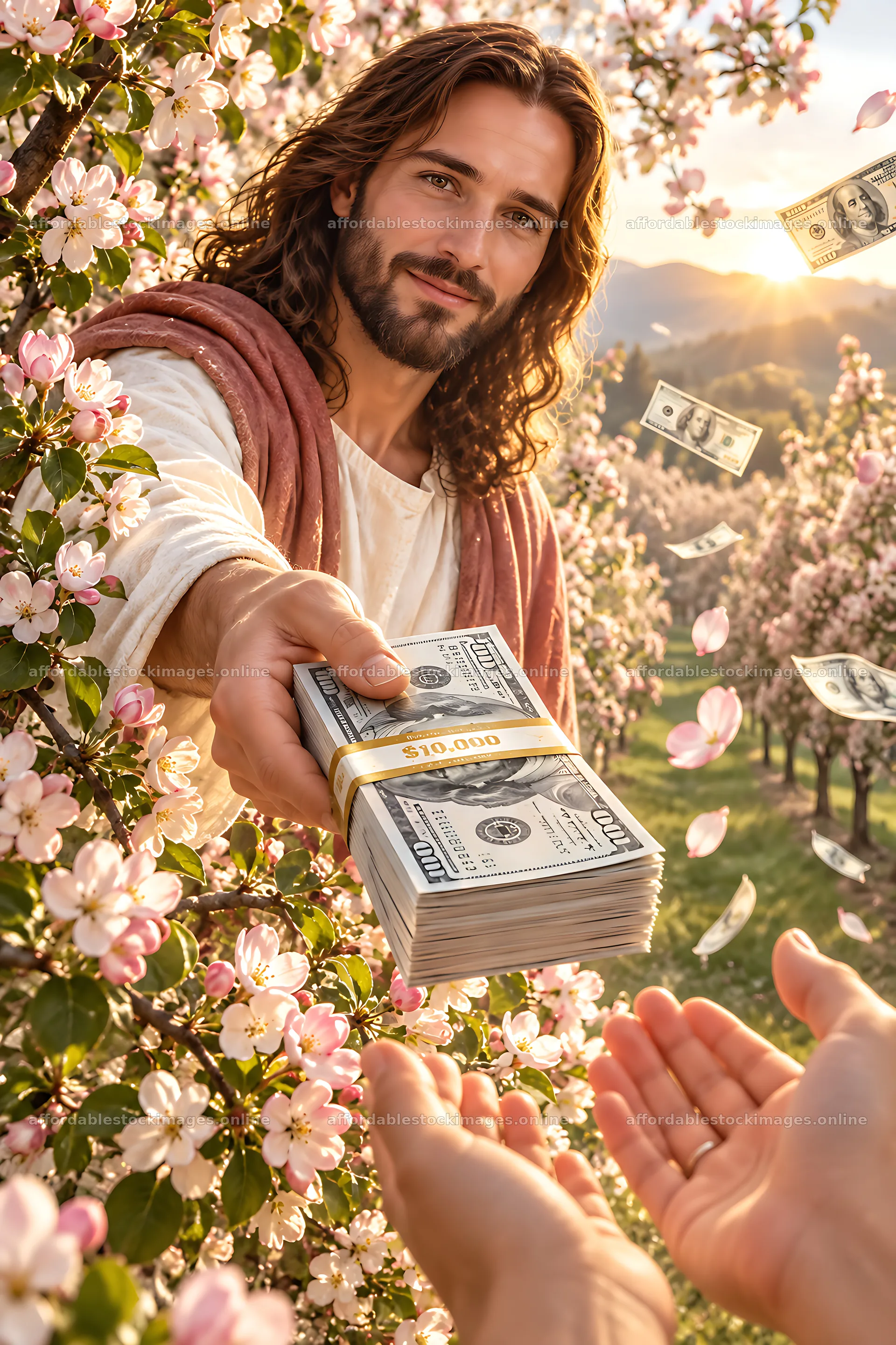 Blossoms of kindness in a sunny garden with money exchange – stock images 6480x9722