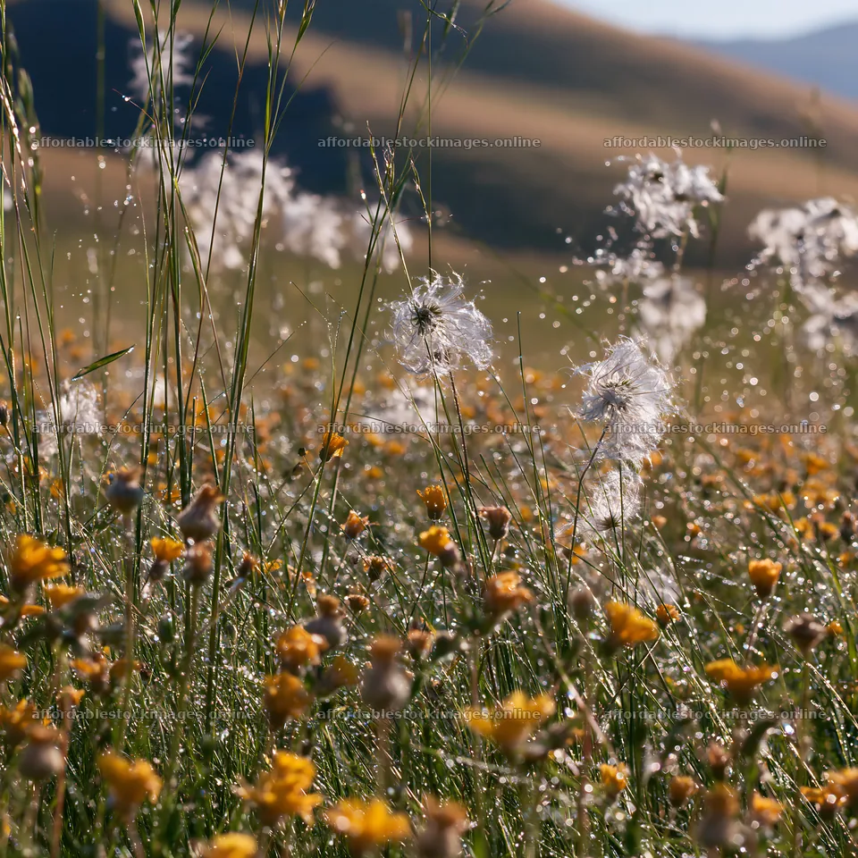 Meadow with dew and flowers in early morning light – stock images 7938x7938