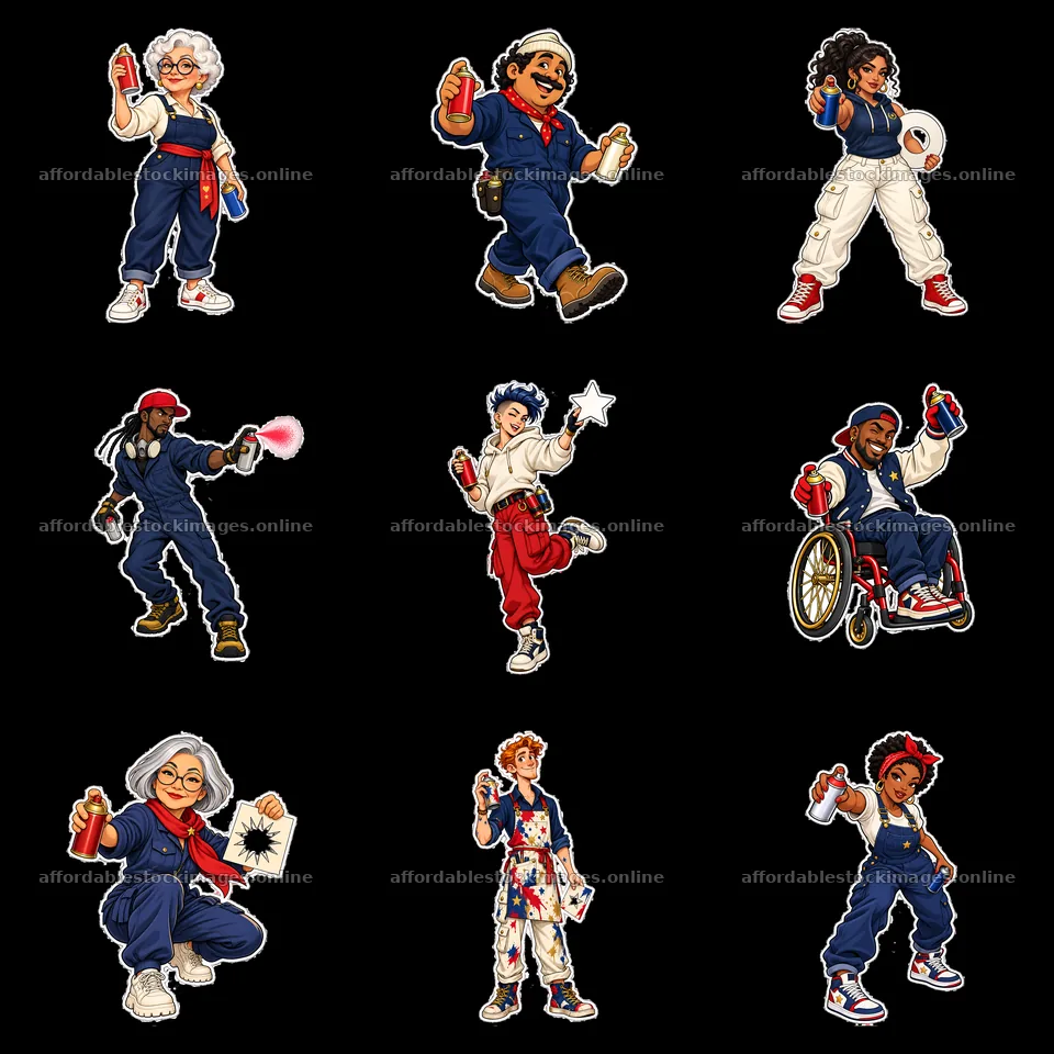 Patriotic graffiti sprayers in diverse poses and outfits – stock images 7746x7746