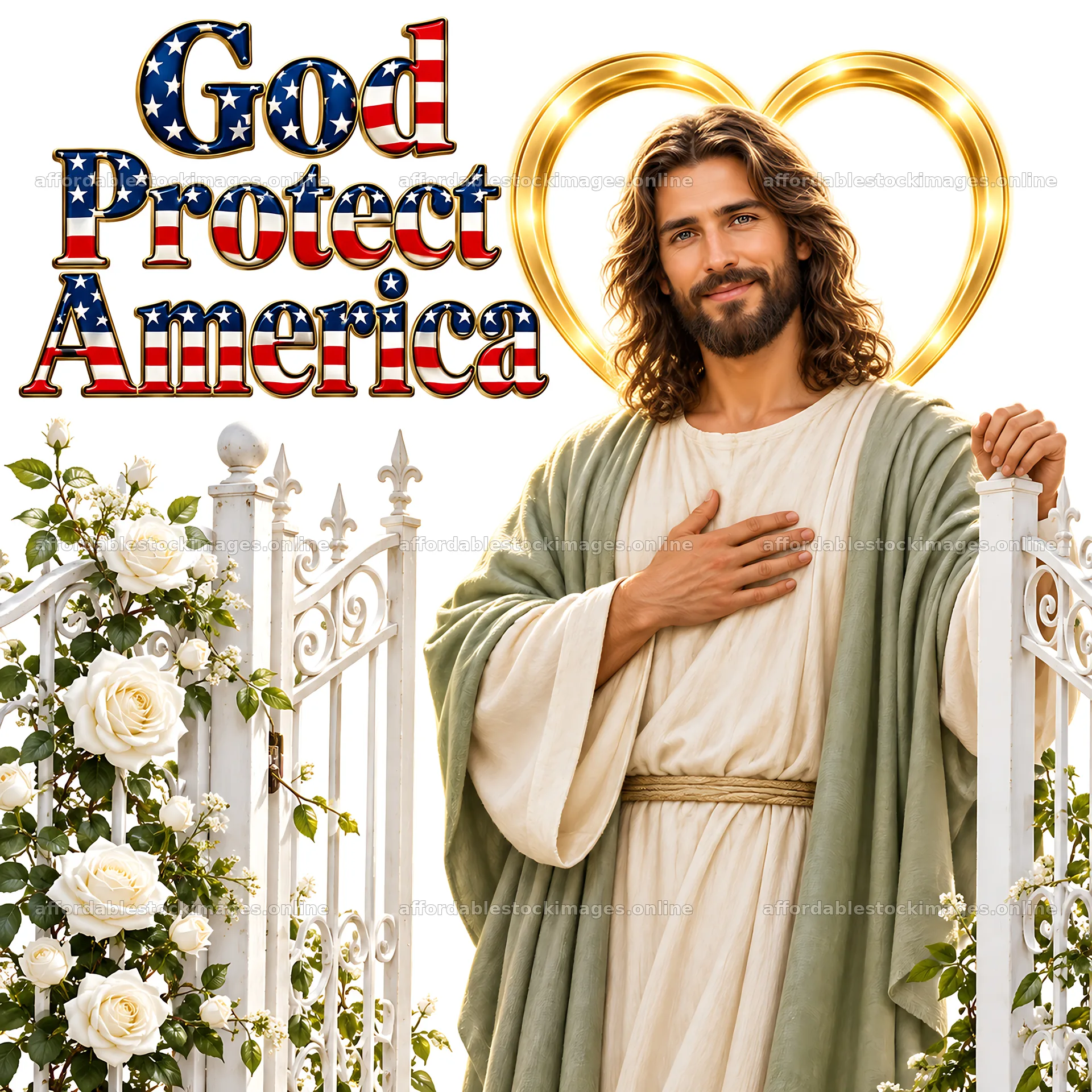 Jesus Christ welcoming with a message to protect America – stock images 7746x7746