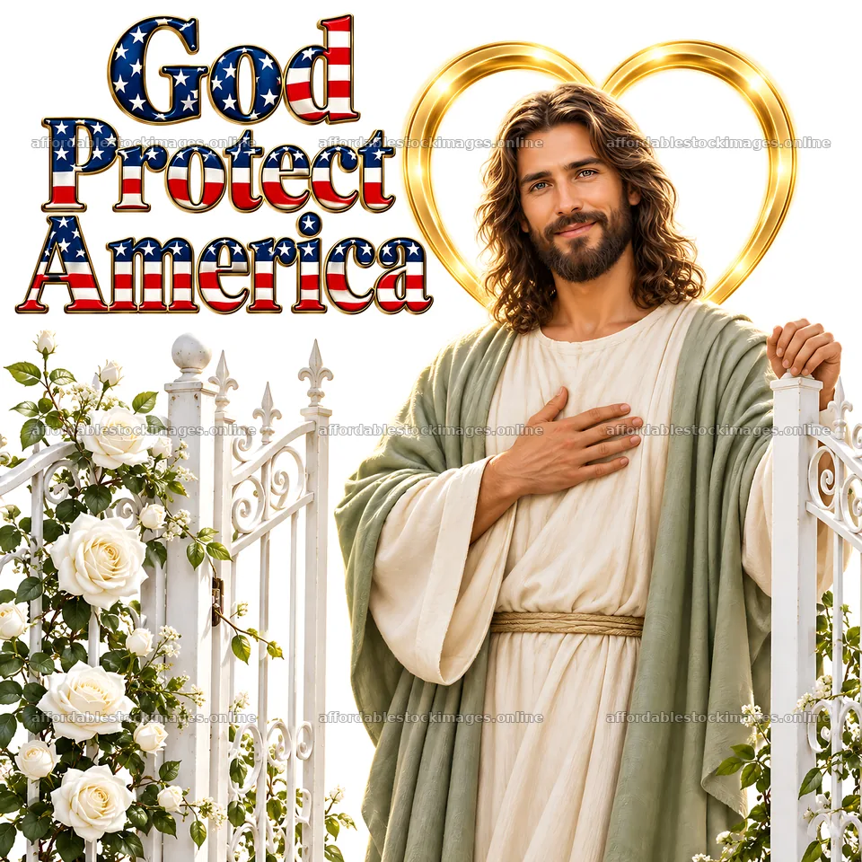 Jesus Christ welcoming with a message to protect America – stock images 7746x7746