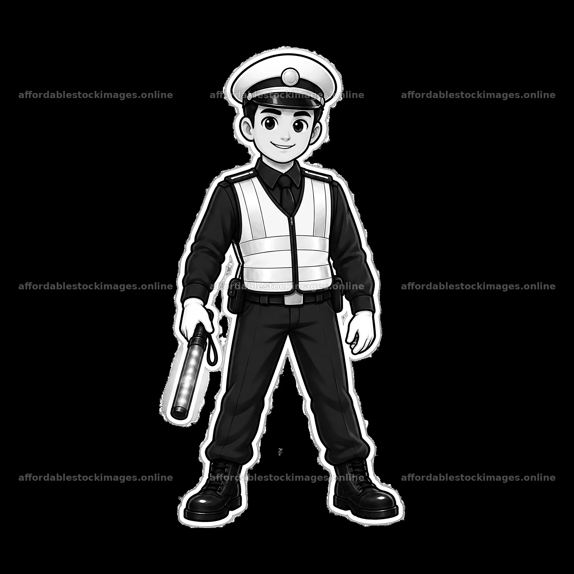 Cartoon police officer holding a baton in monochrome design – stock images 7746x7746