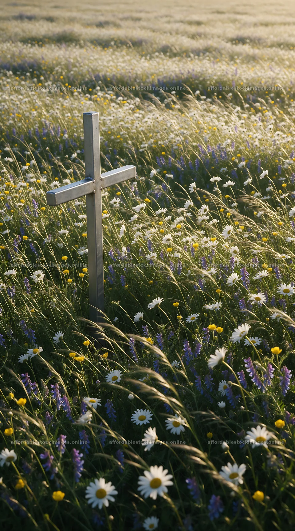 Rustic Christian cross in a spring meadow with wildflowers – stock images 5916x10648