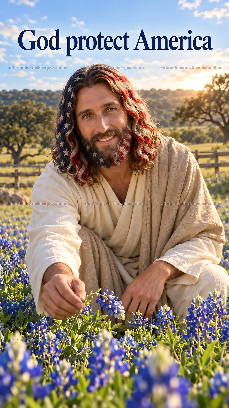 Jesus Christ in a field of bluebonnets – stock images 5811x10326