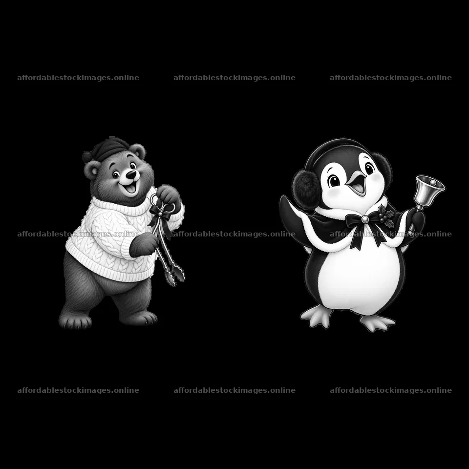 Bear and penguin festive characters by the Christmas fireplace – stock images 7746x7746