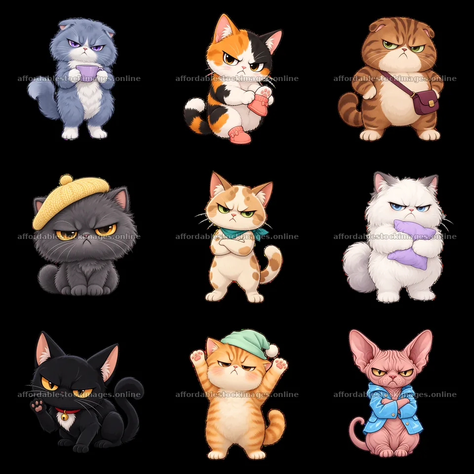 Kawaii grumpy cat stickers in a playful 3x3 layout – stock images 7746x7746
